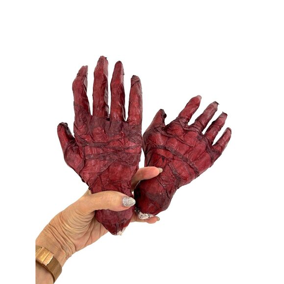 Zombie Hands Halloween Decorations Papier Mache Vtg Severed Red Bloody Set of 2 - Picture 5 of 8